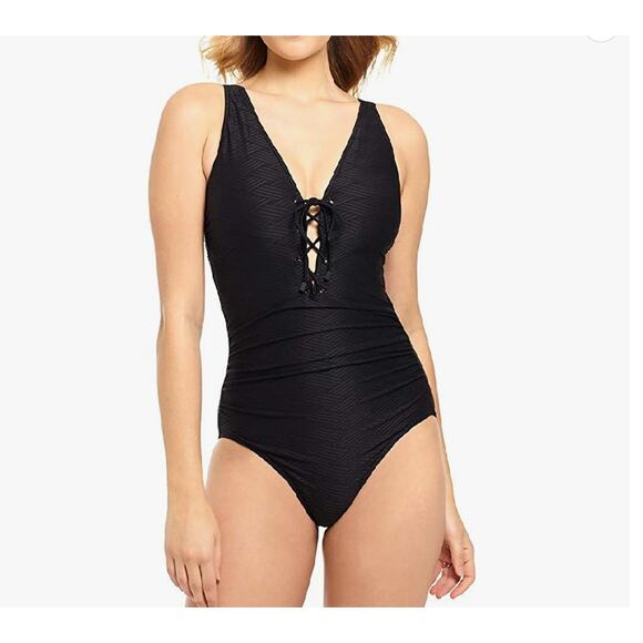 Swim Solutions Solid Black Textured Lace-Front One-Piece Swimsuit 8 NWT - Picture 1 of 6